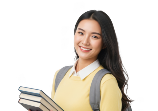 A young asian female student with long dark hair wearing a yellow sweater and backpack holds a stack of books isolated on transparent background