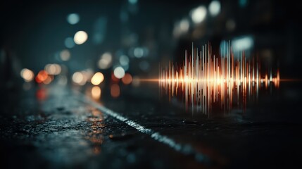 A visually striking sound wave graphic overlaying a wet street at night, illuminated by city lights, creating a moody and atmospheric effect.