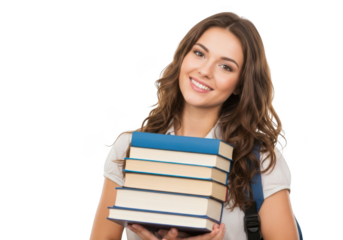 Smiling young woman holding a stack of educational textbooks and study materials isolated on transparent background