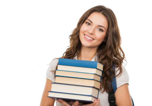 Smiling young woman holding a stack of educational textbooks and study materials isolated on transparent background