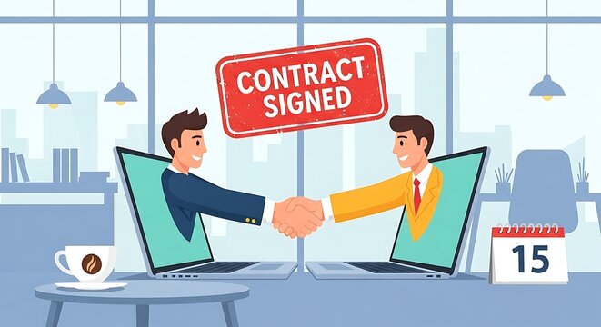 Successful business deal illustrated by handshake emerging from laptop screens