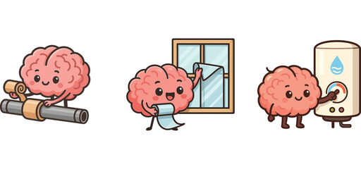 cute brain character fixing pipes and checking water heater