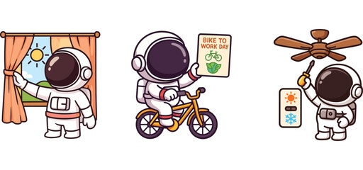 cute astronaut washing clothes and doing laundry