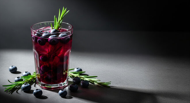 A refreshing rosemary blueberry tonic drink is elegantly presented on a dark surface with dramatic lighting