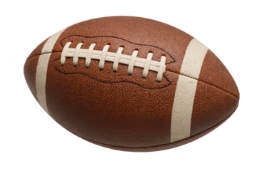 American football, a brown leather oval ball with white lacing and stripes, symbolizing sports, games, and athletic competition, on transparent background