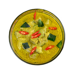 A vibrant overhead view of a delicious thai green curry dish with chicken and fresh chilies in a bowl