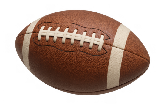 American football, a brown leather oval ball with white lacing and stripes, symbolizing sports, games, and athletic competition, on transparent background