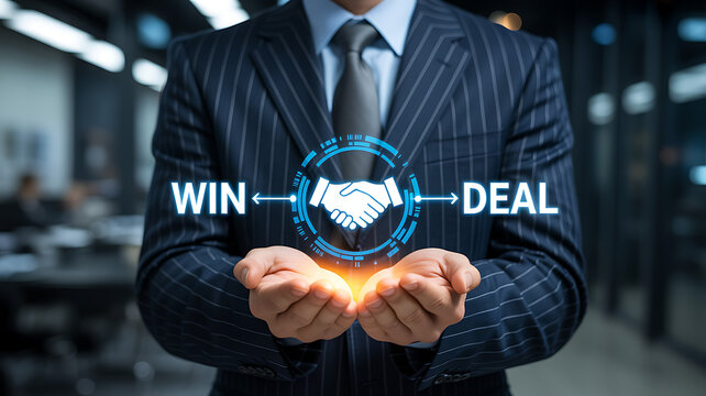 Businessman presenting a digital handshake symbolizing a winwin deal, with the words win and deal connected by arrows in a corporate setting