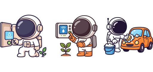 cute astronaut measuring plants and watering garden