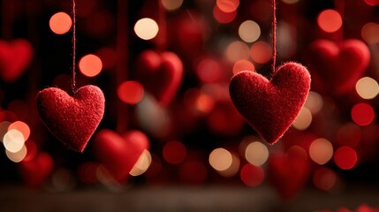 Hanging red hearts create a romantic valentine's day background with bokeh lights