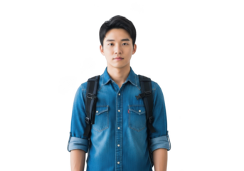 Young asian male student wearing a denim shirt and carrying a backpack isolated on transparent background