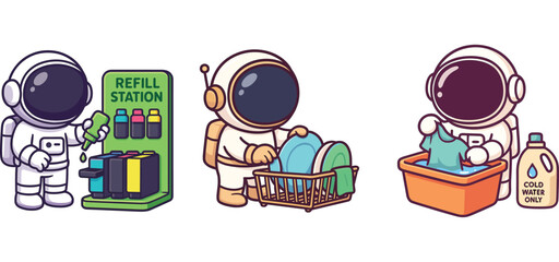 cute astronaut recycling bottles and sorting eco waste
