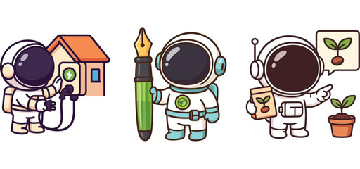 cute astronaut caring for plants and building small birdhouse