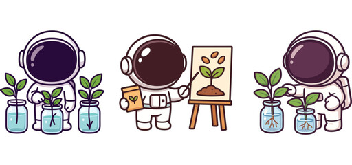 cute astronaut watering plants and presenting eco art board