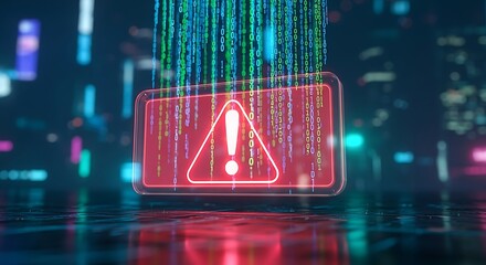 Digital Warning Alert System Sign Glowing with Data Streams Falling Down