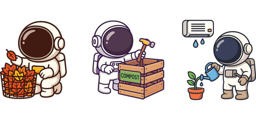 cute astronaut harvesting fruit basket and checking plant label