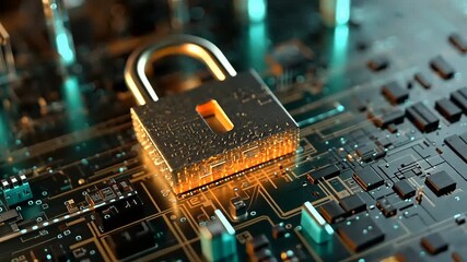 Golden padlock on a circuit board symbolizing cybersecurity and digital protection in a tech environment - Powered by Adobe