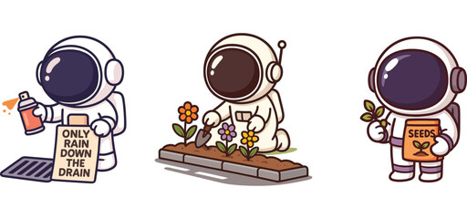 cute astronaut harvesting veggies and holding organic produce