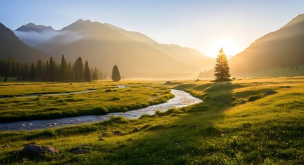 Golden sunrise illuminates a serene mountain landscape with river flowing