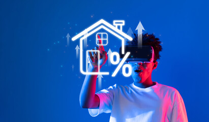 A young individual actively engages with virtual reality technology, visualizing housing market trends, demonstrating the potential for real estate price increases and sales success. XDMCP