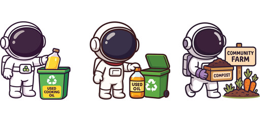 cute astronaut holding eco products and promoting reusable bags