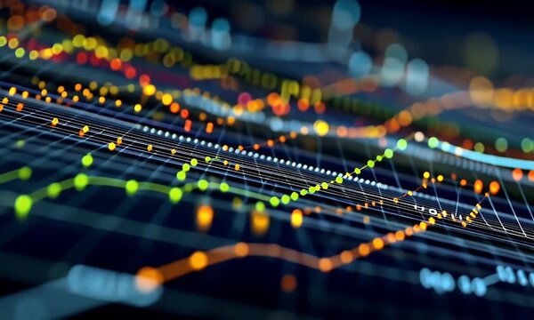 Abstract digital data visualization with glowing lines and bokeh effects representing financial markets technology and complex information flow in a dark blue background - Powered by Adobe
