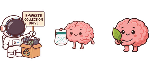 cute astronaut handling e-waste recycling box