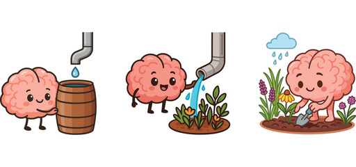 cute brain character harvesting water and growing plants