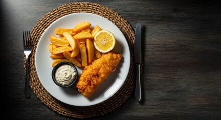 Delicious Fish and Chips Plated Meal with Lemon, Tartar Sauce, and Fries on a Wooden Table