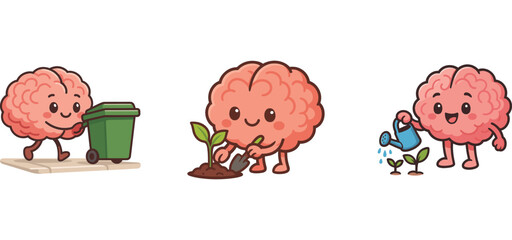 cute brain character recycling waste and caring for plants