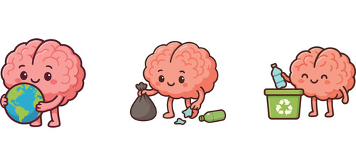 cute brain character holding earth and planting small tree