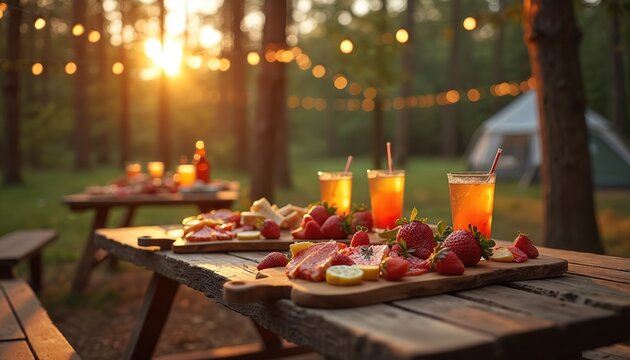 Camping scene featuring picnic tables food drinks, tent in background. Dinner table setting with fresh strawberries lemon slices salami, cocktails. Summer outdoor lifestyle with sunset light, forest - Powered by Adobe