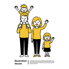 Happy Family Together Smiling And Waving - Parents With Two Children Celebrating A Joyful Moment