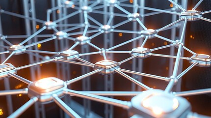 A dynamic 3D render of a network of interconnected servers, with pulsing lights and smooth metallic textures, representing global connectivity, high-tech visualization