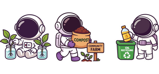 cute astronaut composting waste and watering eco plants