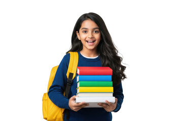 Young indian girl with a bright yellow backpack and a stack of colorful educational books isolated on transparent background