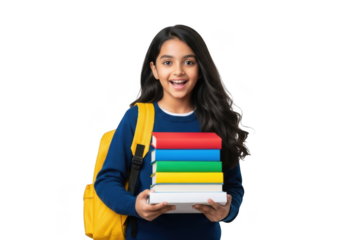 Young indian girl with a bright yellow backpack and a stack of colorful educational books isolated on transparent background