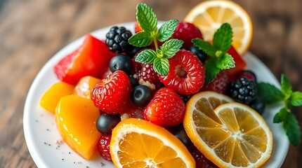 A hyperrealistic culinary photograph of a vibrant, deconstructed fruit salad with glistening berries, exotic citrus slices, and a sprinkle of mint, captured in natural, diffused studio lighting