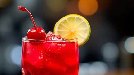 A hyper-realistic close-up of a vibrant, ruby-red cocktail, garnished with a lime wheel and a maraschino cherry, set against a blurred bokeh background