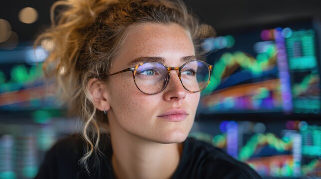 A focused young woman with glasses gazes thoughtfully, surrounded by vibrant financial charts and graphs in a trading environment.