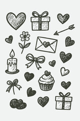 Valentine Doodle Vector Set — Hand Drawn Love and Romance Sketch Illustration in Black and White