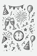 New Year Party Doodle Vector Set — Hand Drawn Festive Celebration Sketch Illustration in Black and White