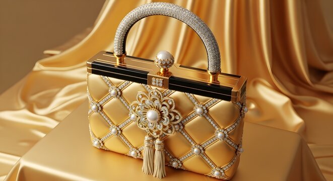 Elegant golden handbag with pearl and diamond accents on a luxurious gold surface