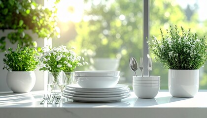 白い器とハーブのあるキッチンのコピースペース 4kリアリスティック
