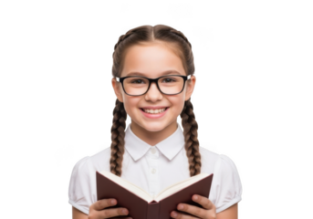 Smiling young girl with braided hair wearing glasses reads a book isolated on transparent background