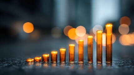 A creative representation of growth, featuring glowing bars that symbolize increasing values against a blurred urban background.