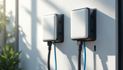 Two modern electric car chargers mounted on a white wall. Blue cables connect to the wallboxes. Outdoor charging stations for vehicles with green energy.