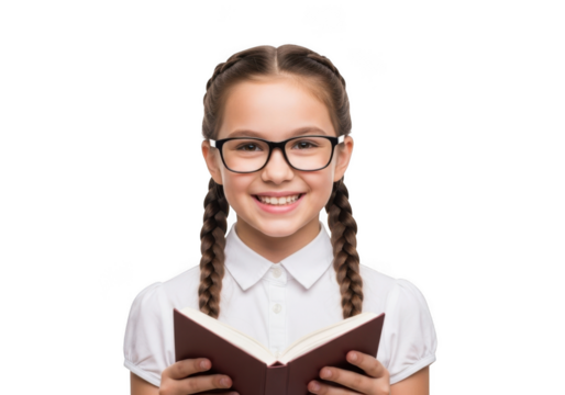 Smiling young girl with braided hair wearing glasses reads a book isolated on transparent background