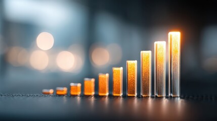 A visually striking image of glowing bars representing growth or progress, set against a blurred background, conveying a sense of achievement or upward movement.
