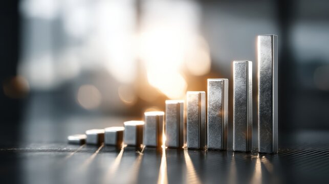 A close-up of metallic bar graphs symbolizing growth, illuminated by soft light, representing data analysis and financial progress.